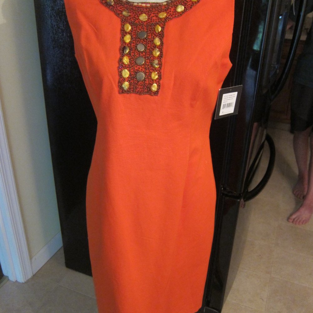 NEW ELLEN TRACY super cute ORANGE BEADED DRESS SIZE 8  summer beach
